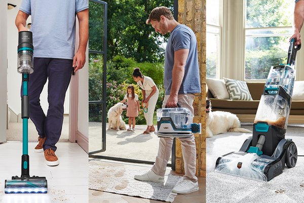 A screen split into three showing various usages of Vax vacuum cleaners across a home.