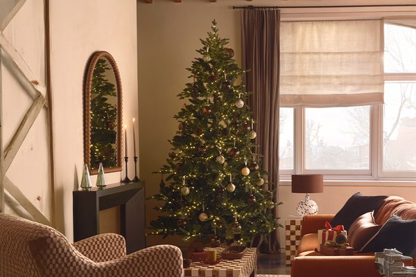 A Christmas tree decorated with lights and baubles next to a wreath and gift boxes in a living room.