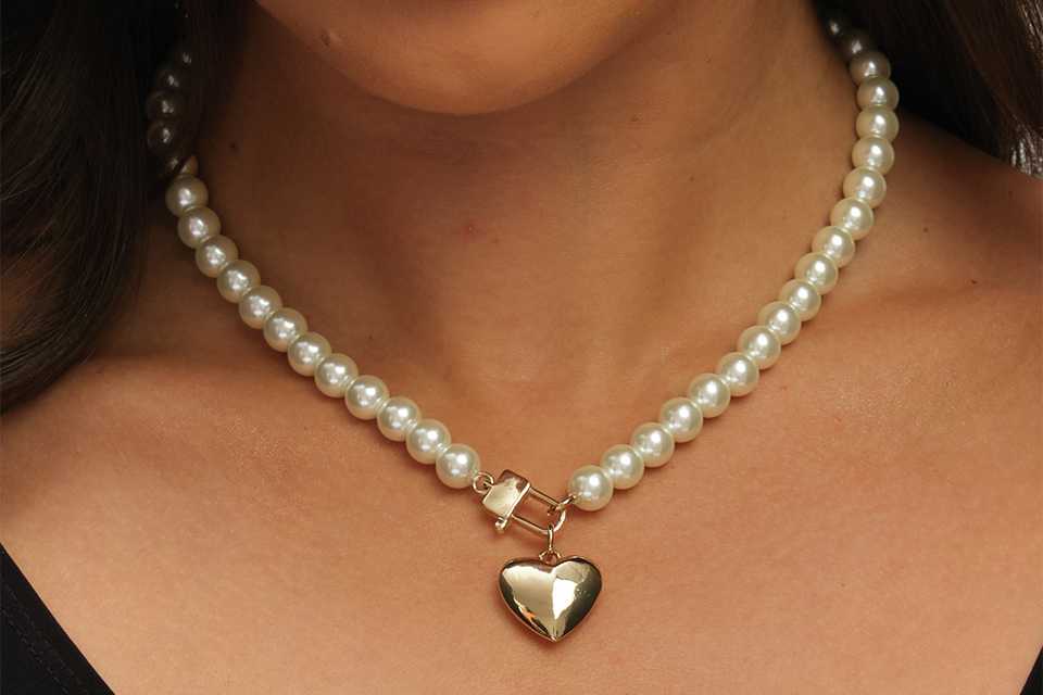 Lipsy Gold Pearl Heart Pendant Necklace.