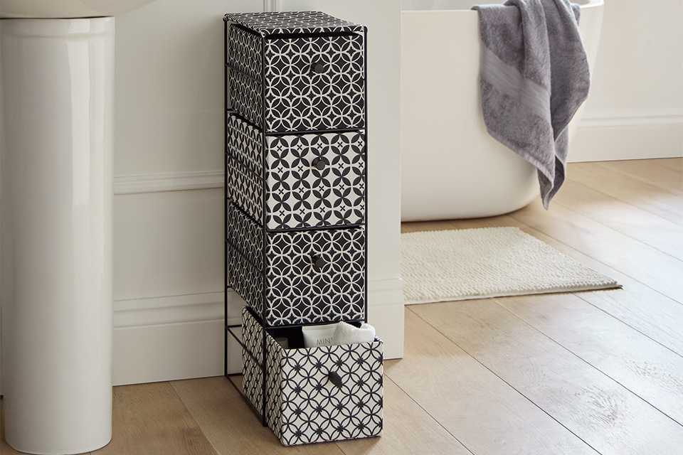 An Argos Home tile print storage unit in a bathroom.