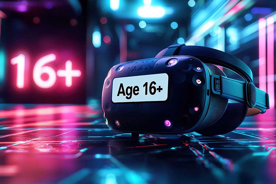 A VR headset showing 16+ age restriction.