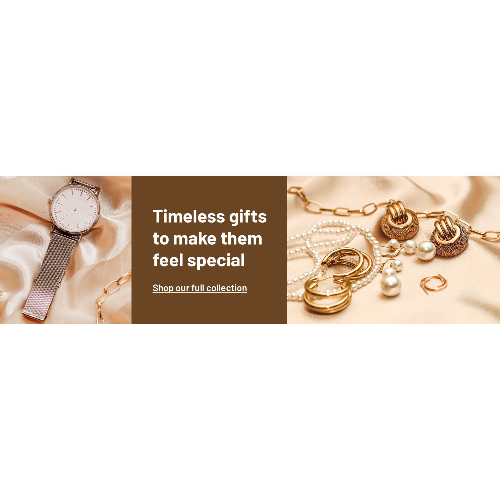 Gold-coloured earrings, pearl earrings, chain, loops and a metal watch on a silk background.
