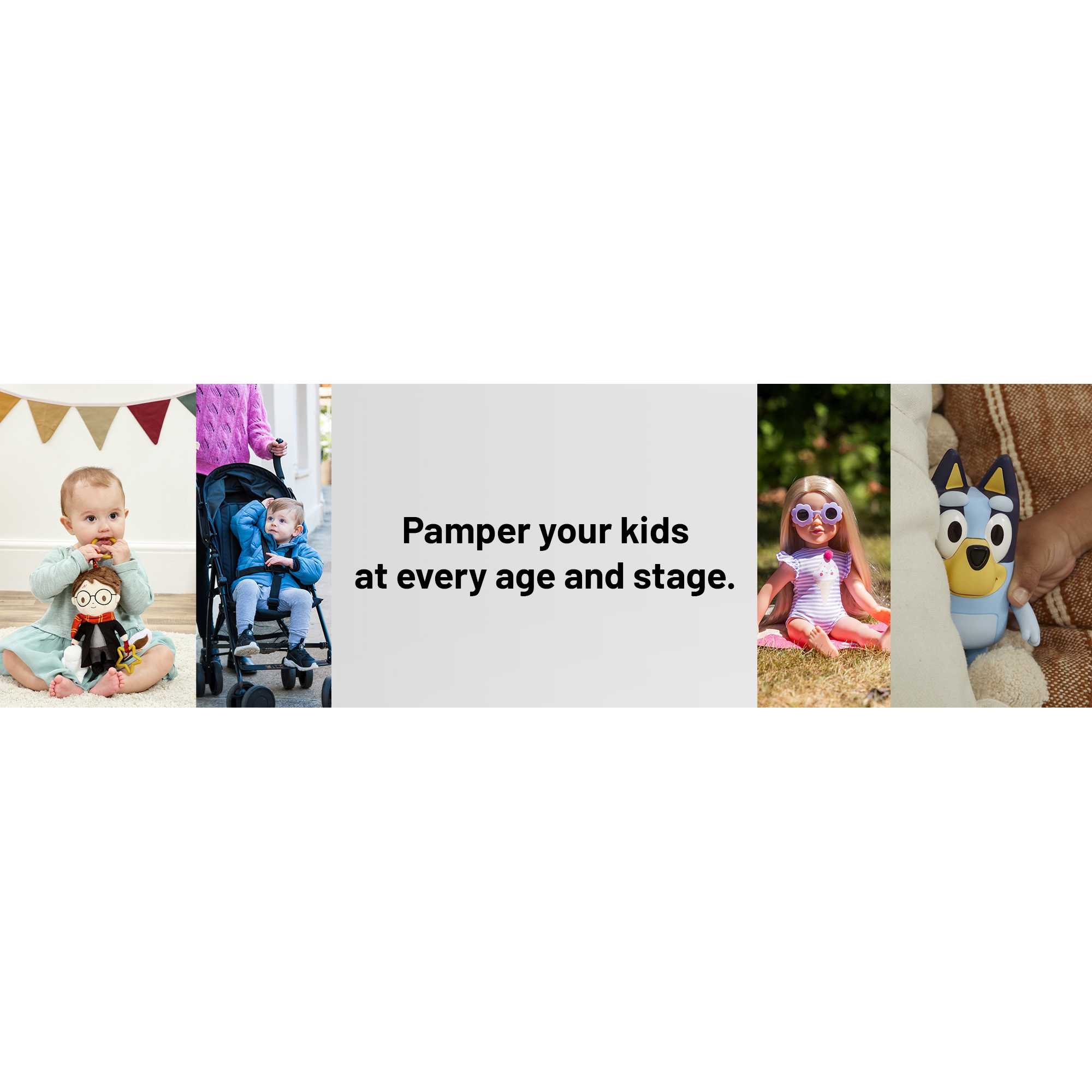A collage of a Harry Potter printed sleepsuit for 6-9 month olds, a toddler in a pushchair, a Designa Friend doll and a Bluey Hide & Seek Interactive Soft Toy Game.