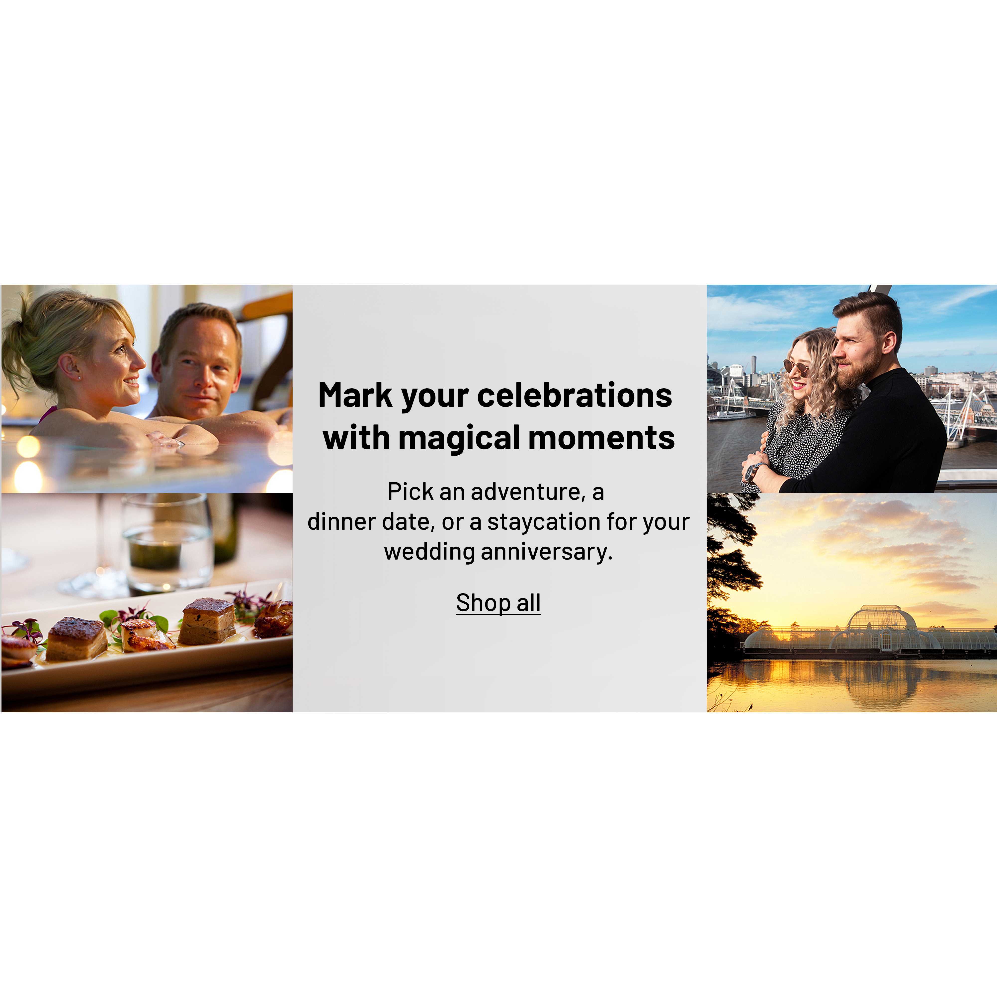 A picture collage of various experience gifts from Red Letter Days and Buyagift for Spa Days, Dinnet date for two, and a garden and palace visit.