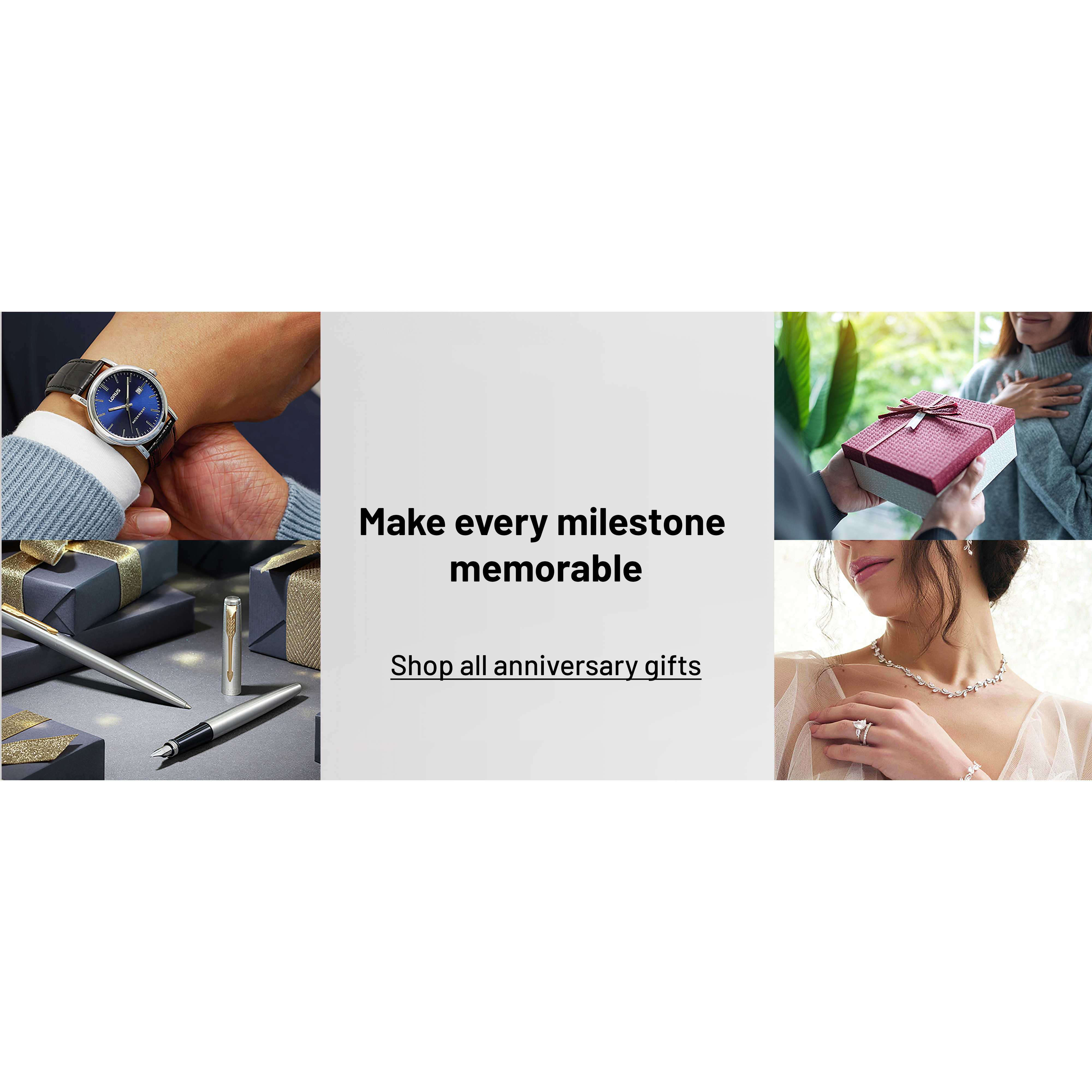 An inspirational collage of a Parker Jotter fountain pen on one side, a couple sharing a gift box in the centre and a woman wearing diamond jewellery on right including rings, bracelet, necklace and earrings.