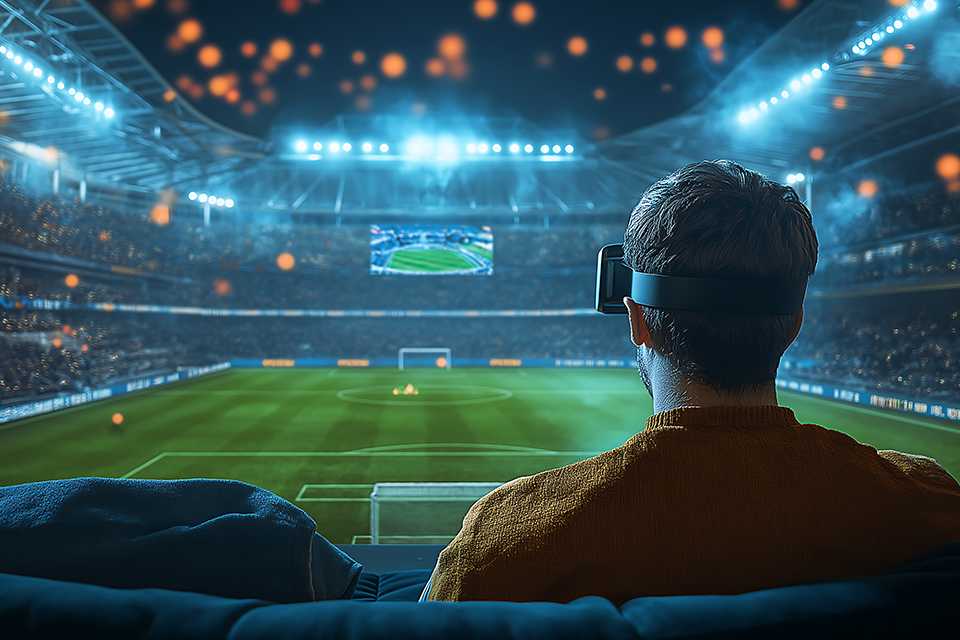 A man watching a football game using a VR headset.