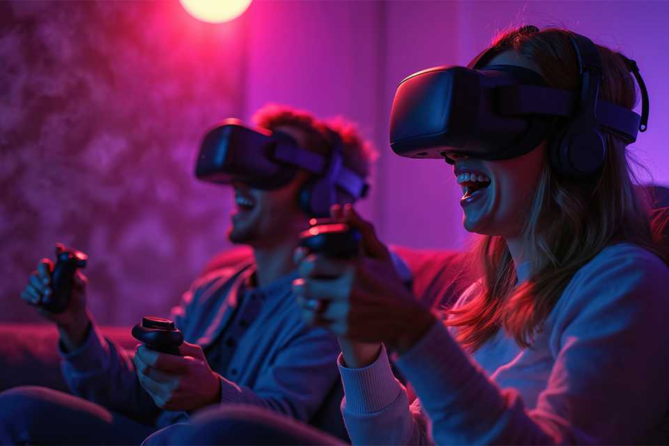 A man and a woman playing video game using a VR headset.