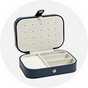 A dark blue jewellery storage box.