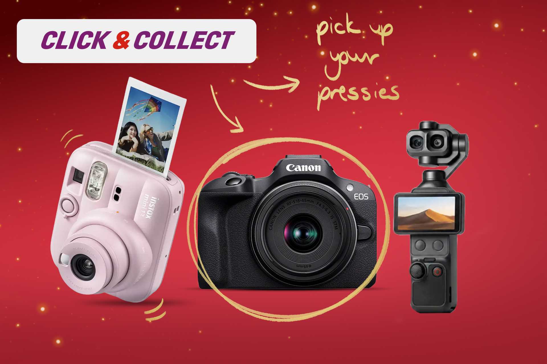Click & Collect. Capture the moment. Explore cameras, content creation kits, drones, accessories & more.