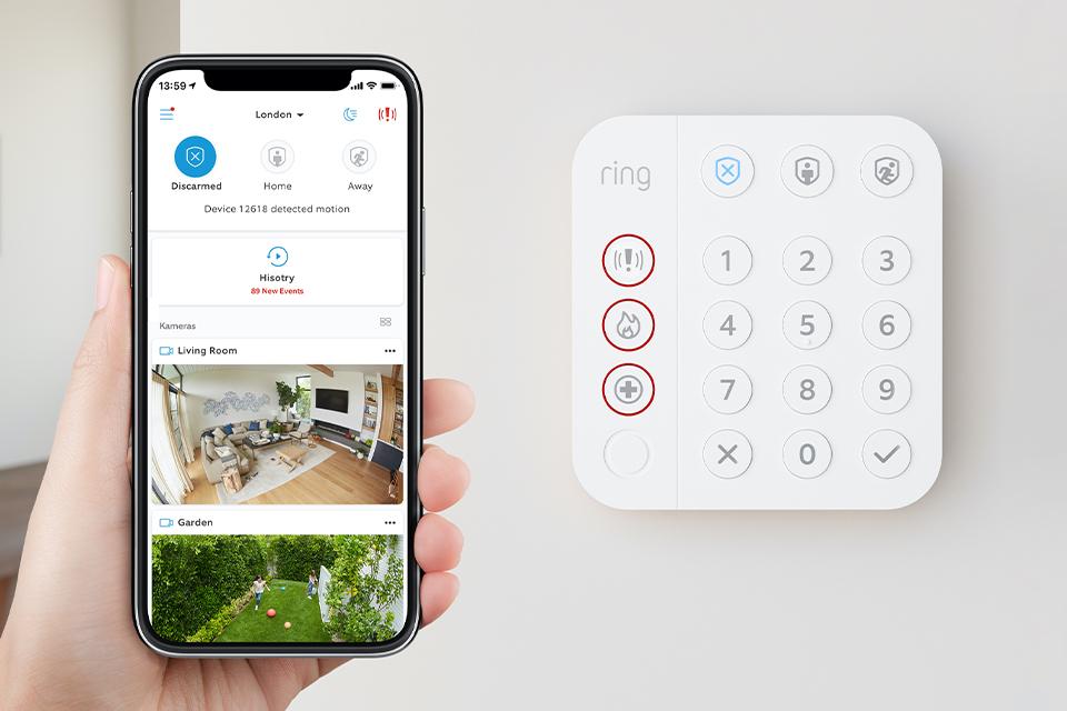 Person holding a mobile phone that is using a Ring video doorbell to monitor their home cameras