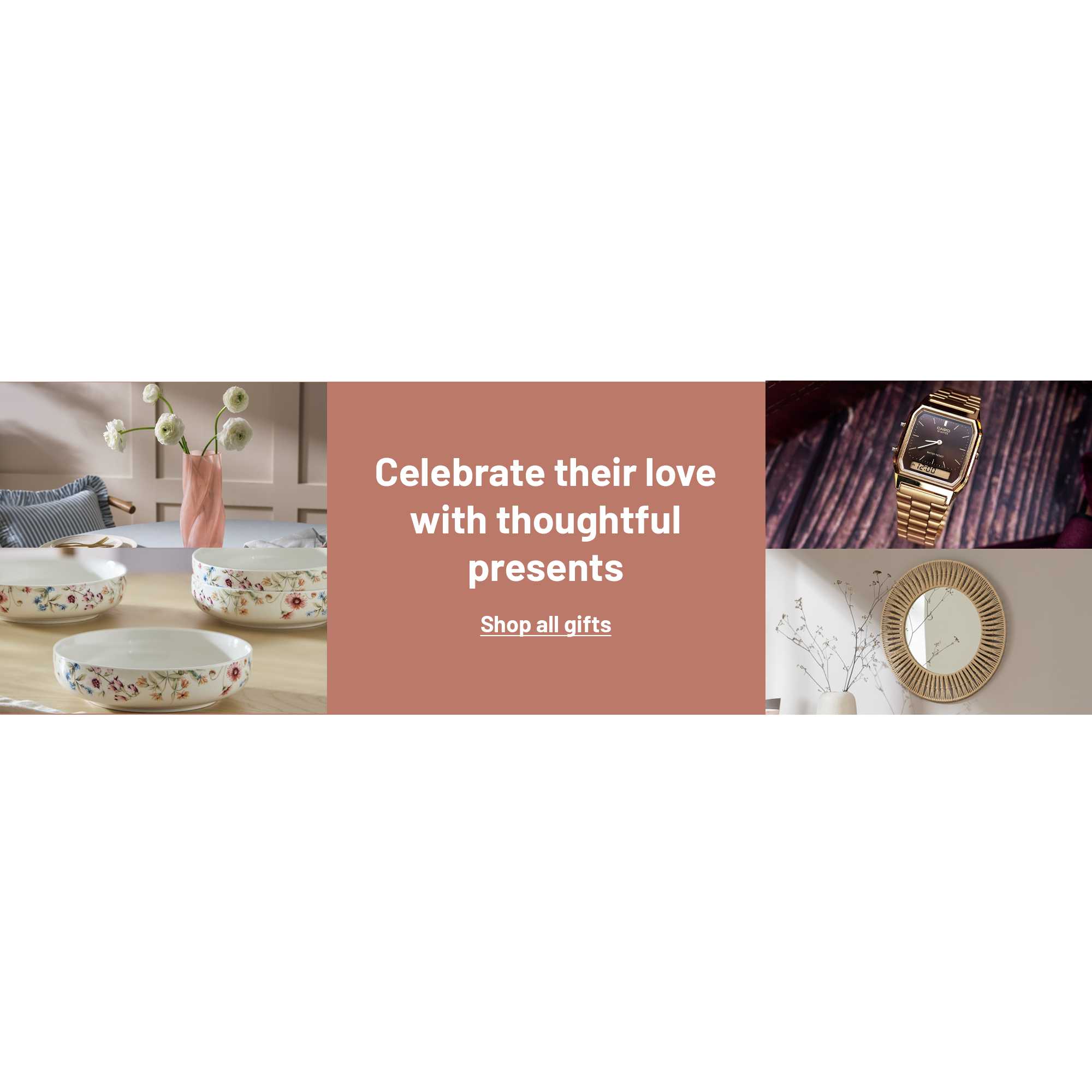 Wedding gifts like vase, watch, perfume and pasta bowls and a beautifully wrapped gift.