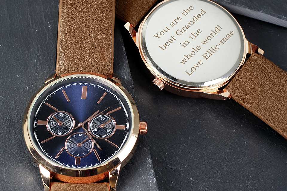 Personalised Message Men's Brown Strap Rose Gold Watch.