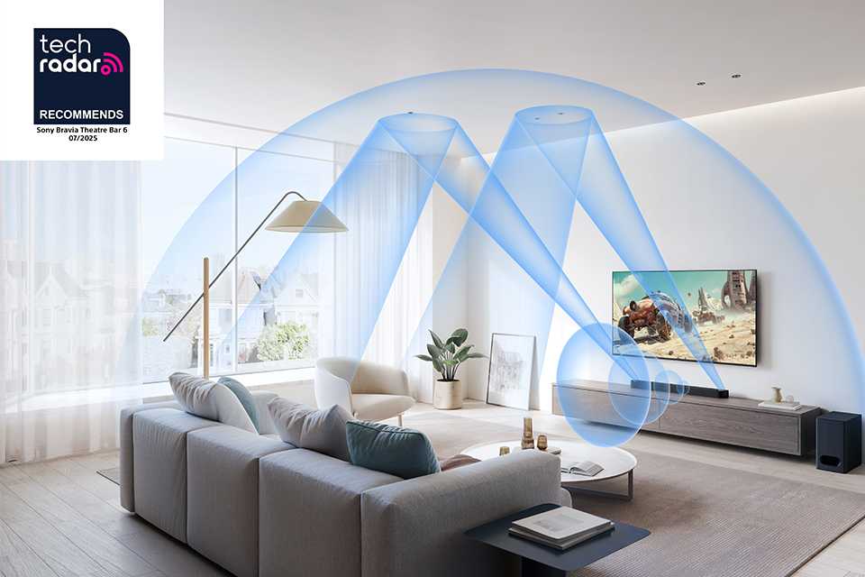 A blue graphic showing Sony Bravia Theatre Bar 6 spreading sound across the living room.