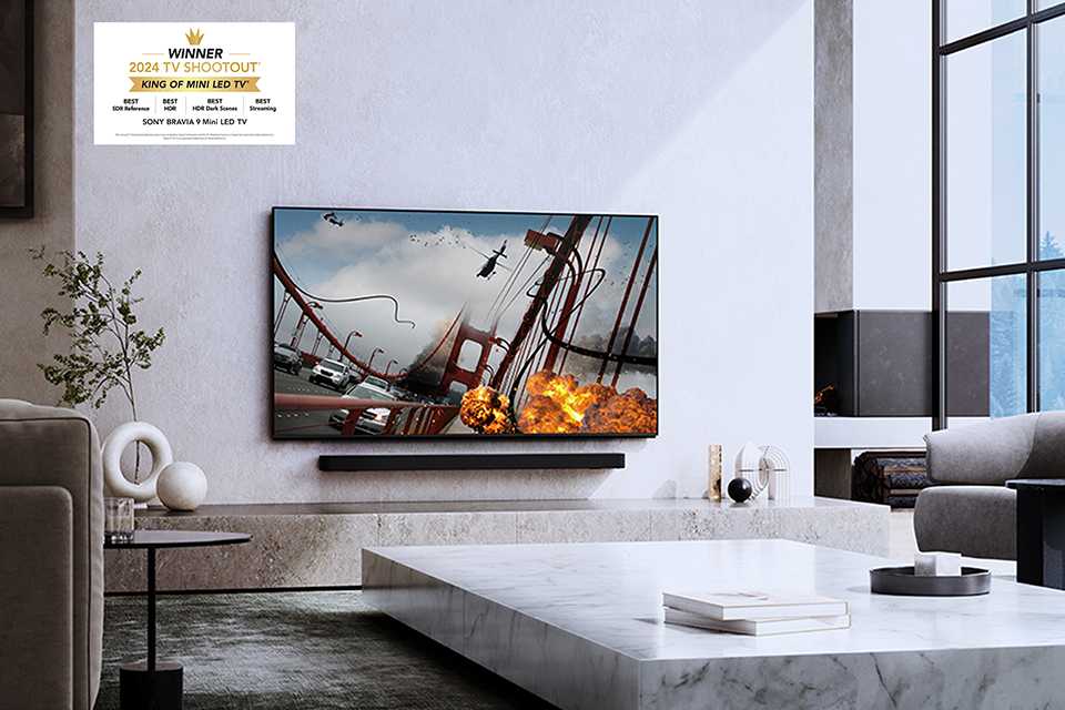 The Sony Bravia 9 QLED XR Mini LED TV placed in a modern living room set-up.