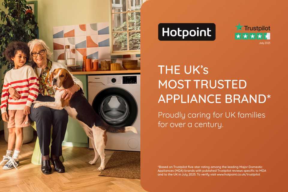An elderly woman, a young girl, and a beagle dog in a cozy kitchen with Hotpoint appliances.