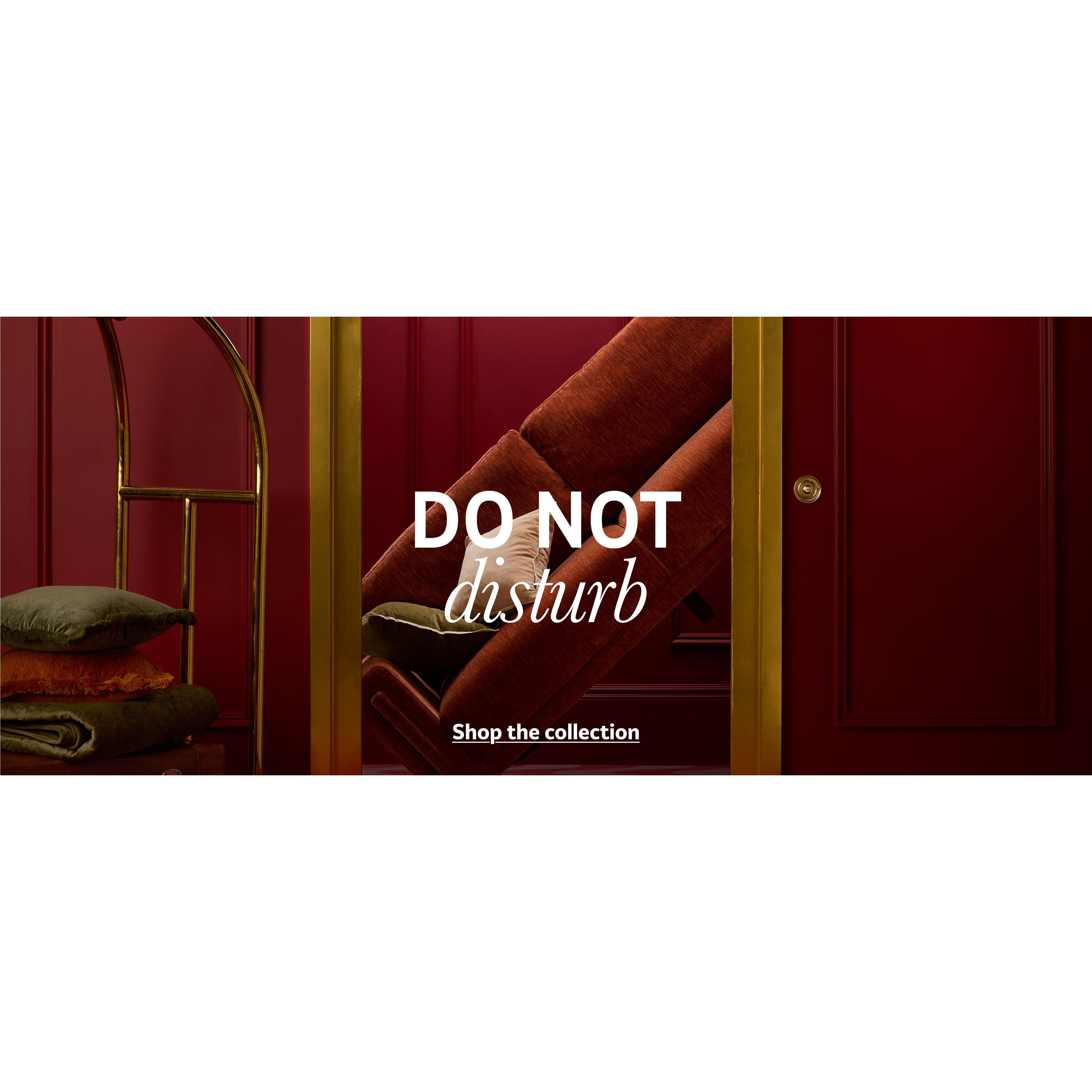 A banner displaying a hotel lift with a Habitat sofa and cushions inside with text saying do not disturb.