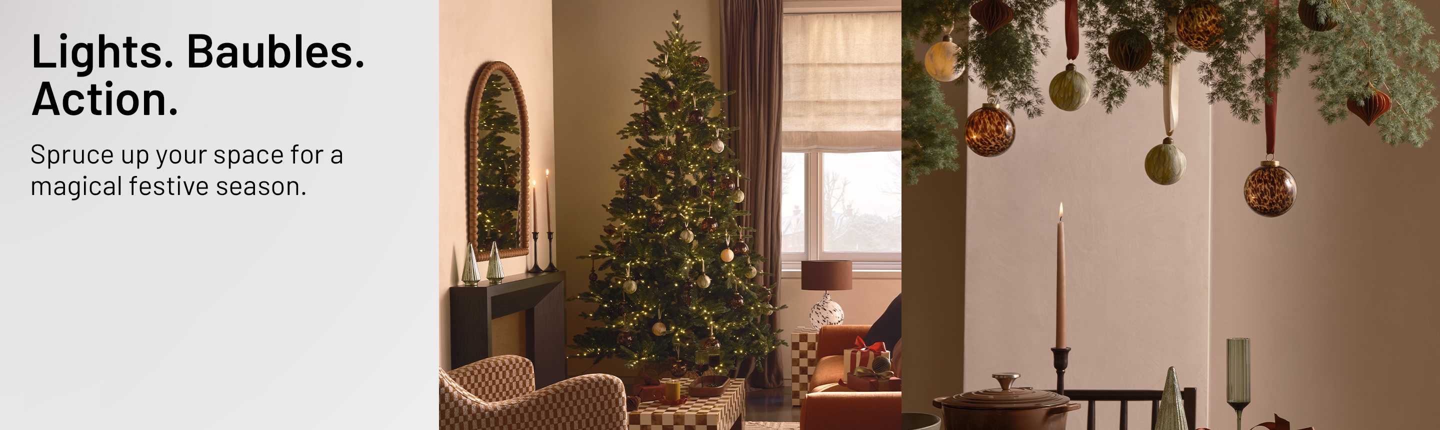 Christmas decorations on a dining table and a living room with Christmas tree, gifts and festive home decor.