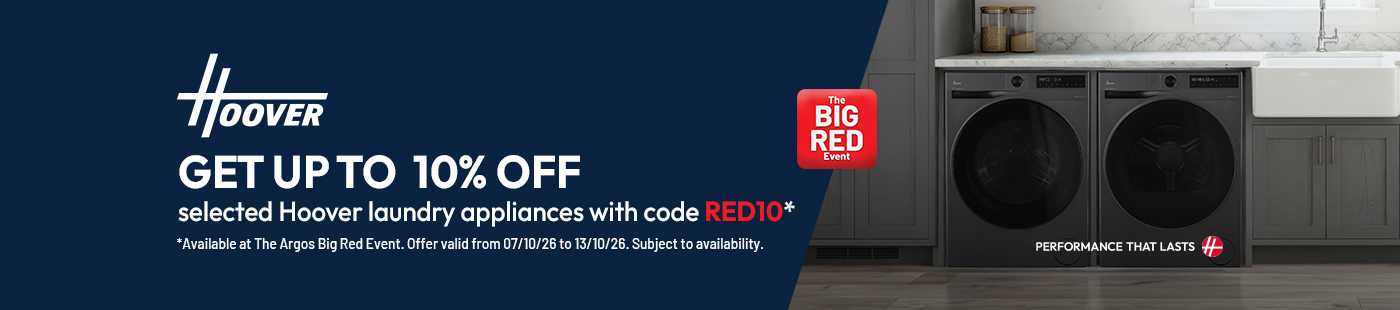 The Big Red Event. Hoover. Get up to 10% off selected Hoover laundry appliances with code RED10.