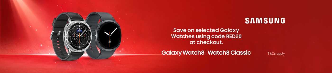 Samsung. Galaxy Watch8 | Watch8 Classic. Save on selected Galaxy watches using code RED20 at checkout. T&Cs apply.