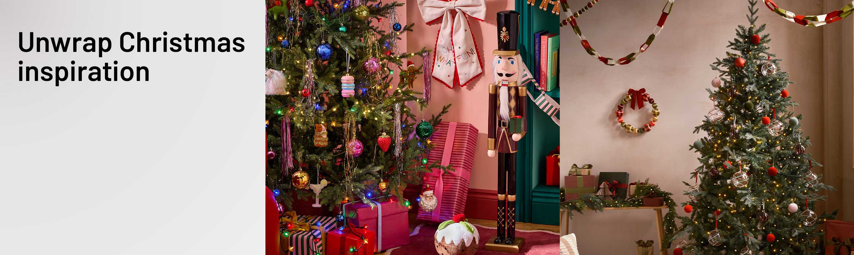 Split image of two decorated Christmas trees surrounded by wrapped presents, with a wooden nutcracker beside the colourful tree.