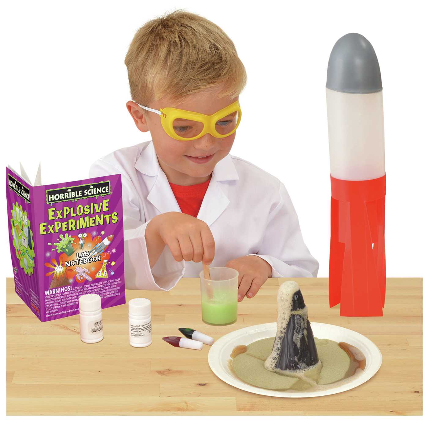 A child playing with a toy rocket.