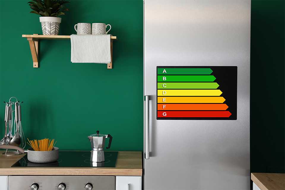 A fridge freezer with energy rating chart on it.
