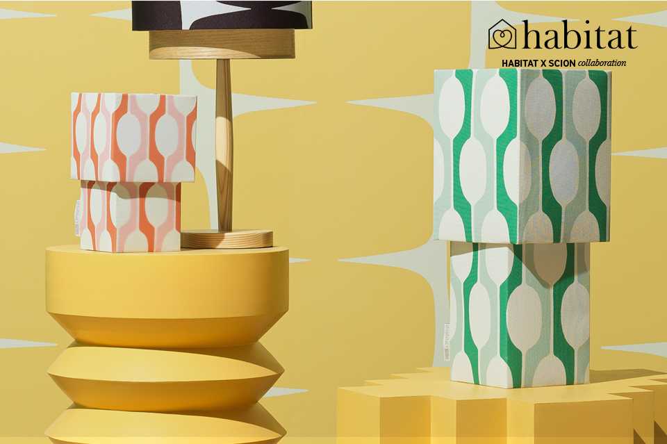 Habitat scion collab presented in front of scion yellow background with geometric lighting.