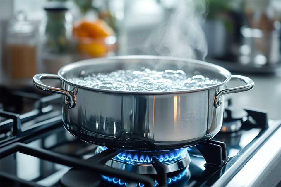 A boiling pot of water over a gas.
