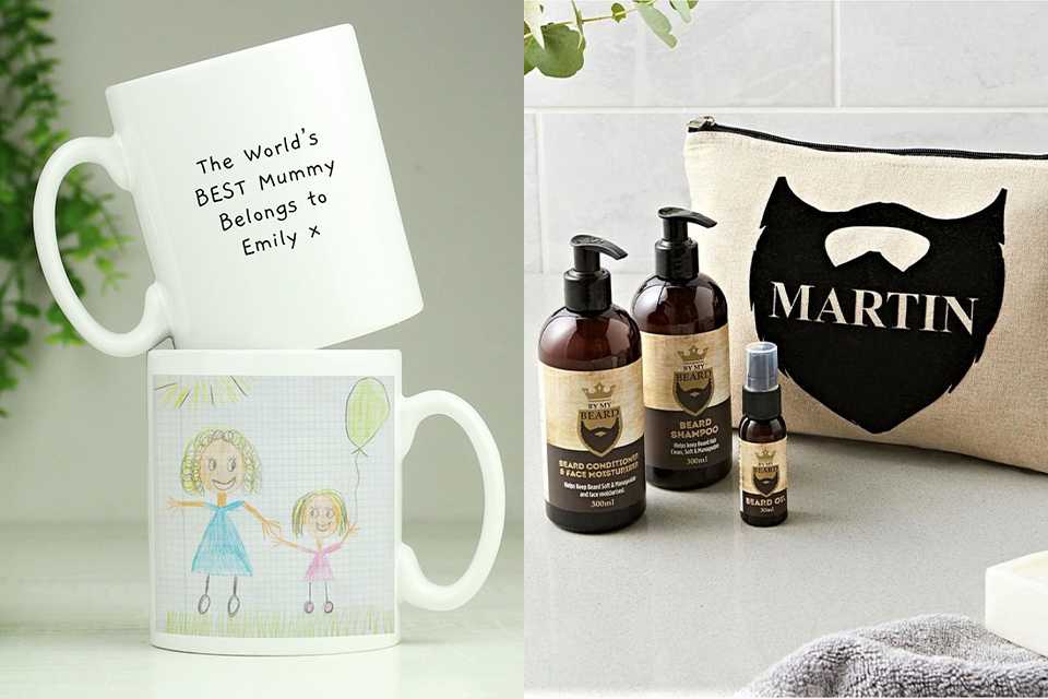 A split image of Personalised Message Childrens Drawing Photo Mugs and a Personalised Message Name Only Beard Kit.