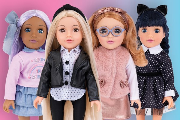 A poster of DesignaFriend 18 inch dolls Marnie, Connie, Autumn and Northie.