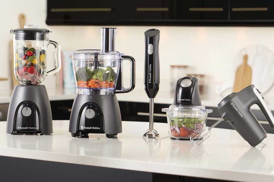 Russell Hobbs Desire Charcoal food preparation range on a white kitchen countertop.