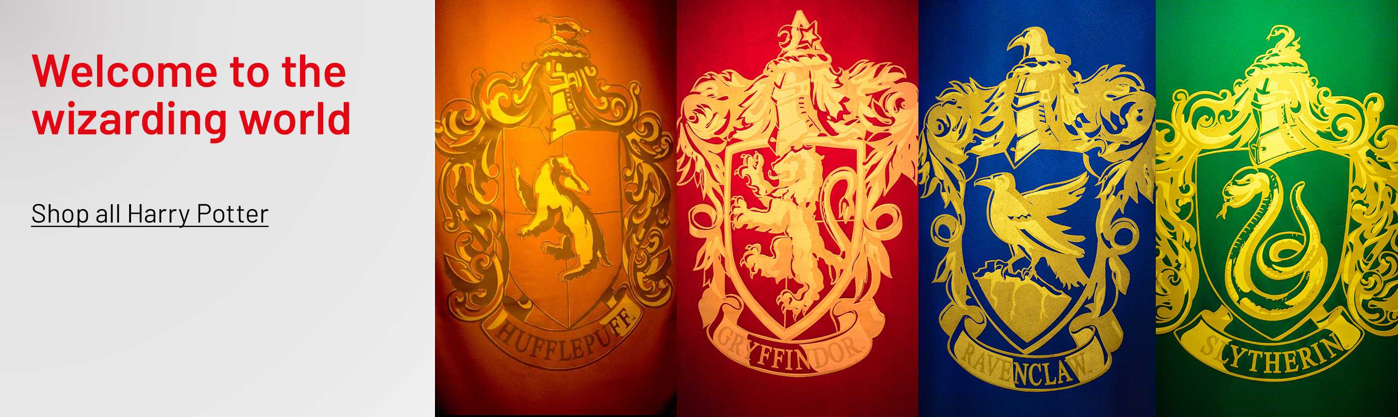 House-wise Harry Potter flags - Gryffindor, Slytherin, Hufflepuff, and Ravenclaw.