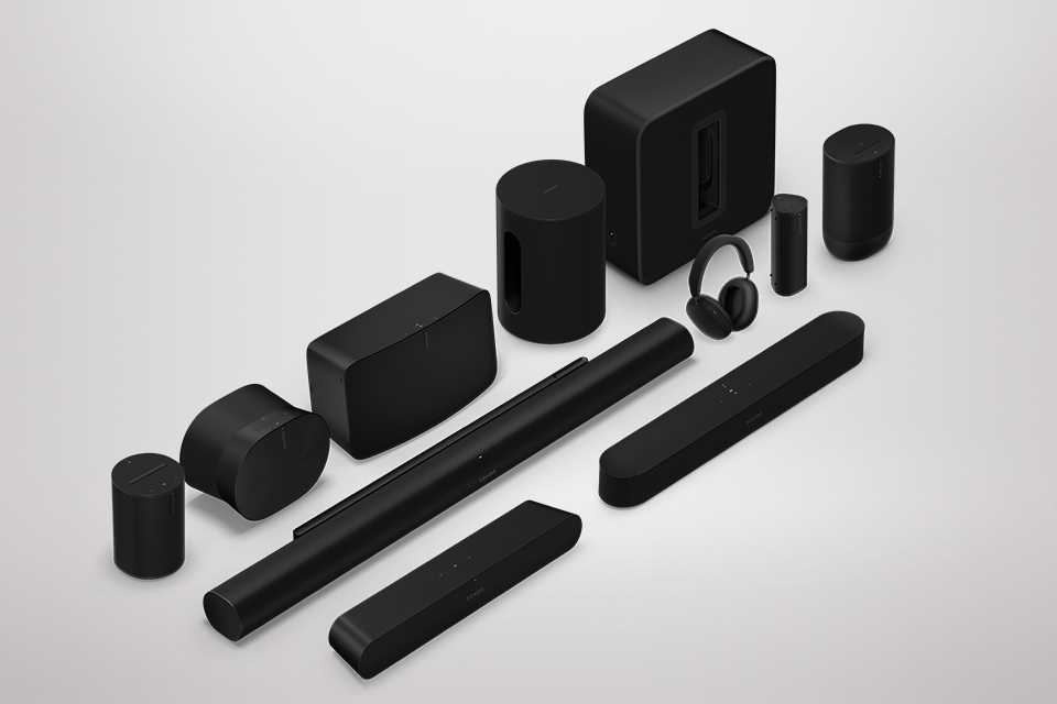 A complete Sonos sound system including speakers, soundbars, woofers, headphones and more.
