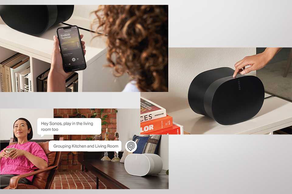 A collage of pictures showing people using Sonos sound system in different areas of life.