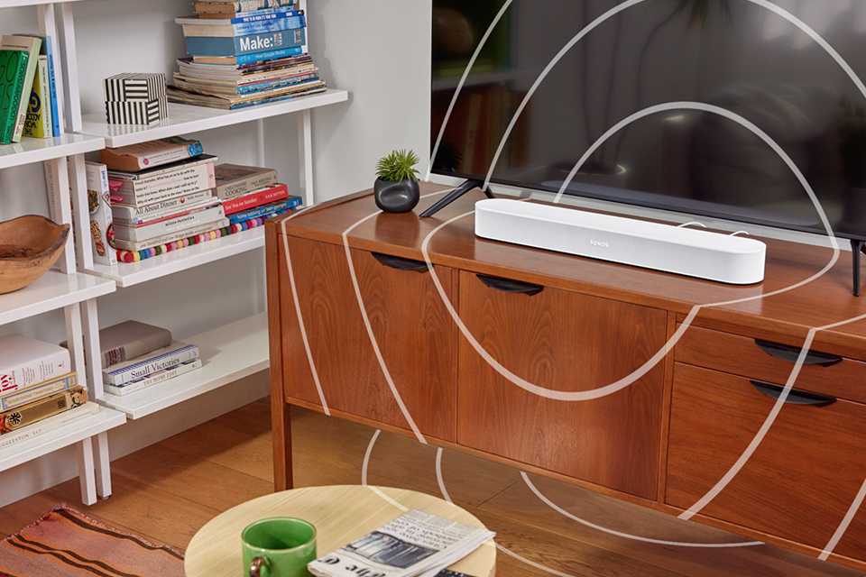 Sound waves emerging out of a Sonos speak in a living room.
