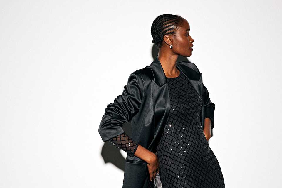 Black Sheer Sequin Long Sleeve Maxi Dress.