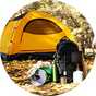 A checklist and tent icon on an image of a yellow tent pitched on a campsite.