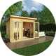 Wooden garden shed in garden.