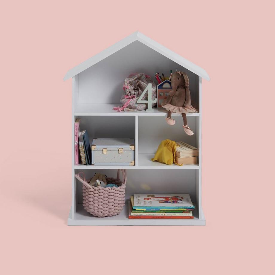 Storage unit shaped like a doll house.