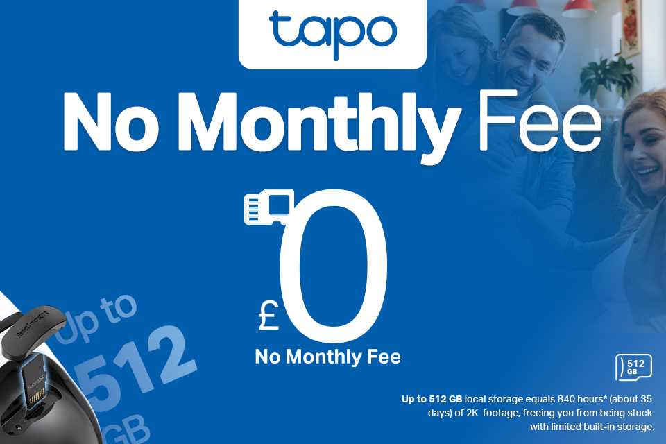 Tapo 'no monthly fee' blue banner.