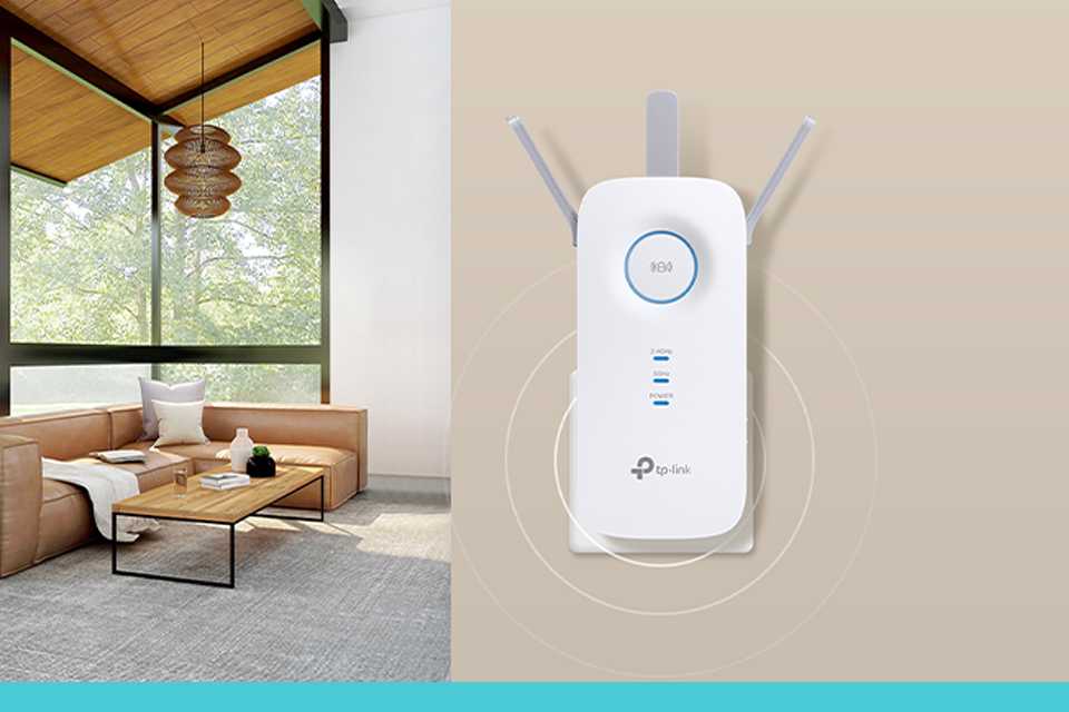 TP-Link Wi-Fi range extender installed on a wall in a home setup.