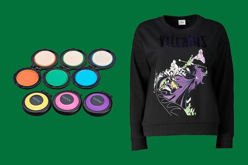 Various hair chalks of different colours and a black long-sleeved t-shirt with various Disney villains on it.