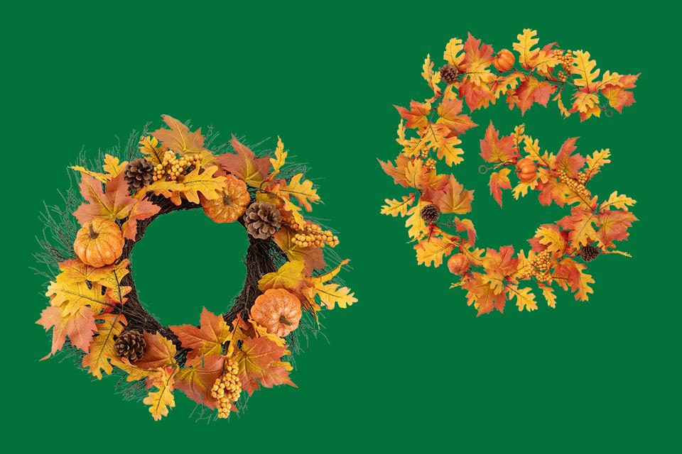 Two different autumnal wreaths with golden flowers and pumpkins