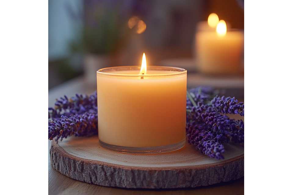 A candle on a tray surrounded by lavender twigs.