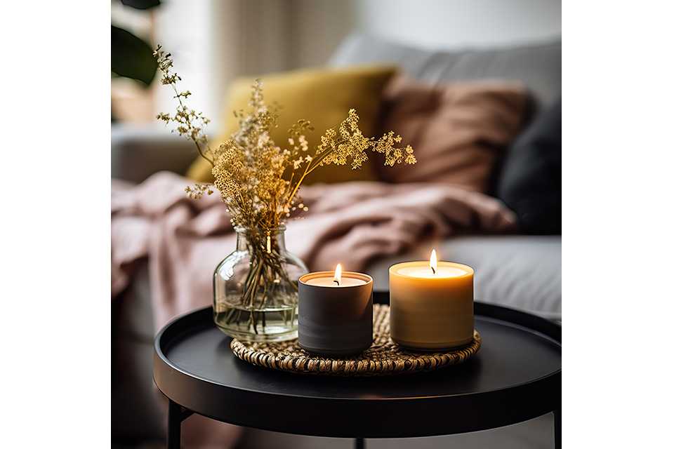 Two cancles on a tray on a coffee table.
