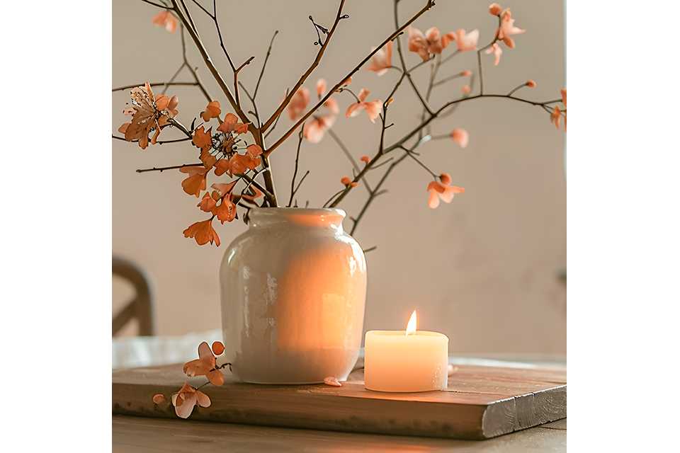 A candle on a tray next to an indoor plant.