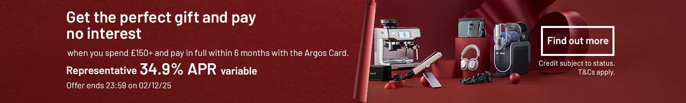 Get the perfect gift and pay no interest when you spend £150+ and pay in full within 6 months with the Argos Card. Representative 34.9% APR variable. Offer ends 23:59 on 02/12/25. Credit subject to status. T&Cs apply.