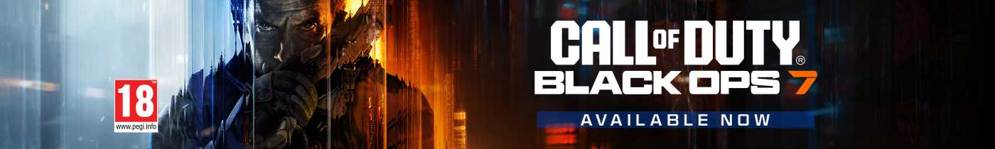 Call of Duty black ops 7 order now at Argos, Man with gun pixalited in gaming world.