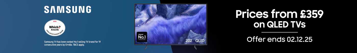 Samsung. Prices from £359 on QLED TVs. Offer ends 02.12.25.