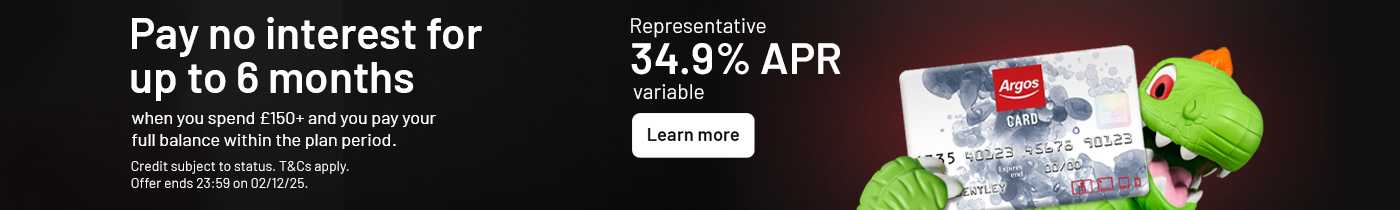 Pay no interest for up to 6 months when you spend £150+ and you pay your full balance within the plan period. Credit subject to status. T&Cs apply. Offer ends 23:59 on 02/12/25. Representative 34.9% APR variable.